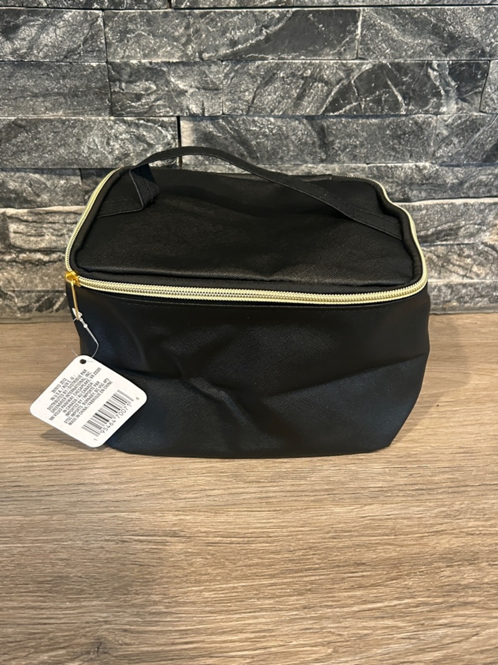 NWT Sassy + Chic Large Black Cosmetic Zip‎ Bag with Gold Trim